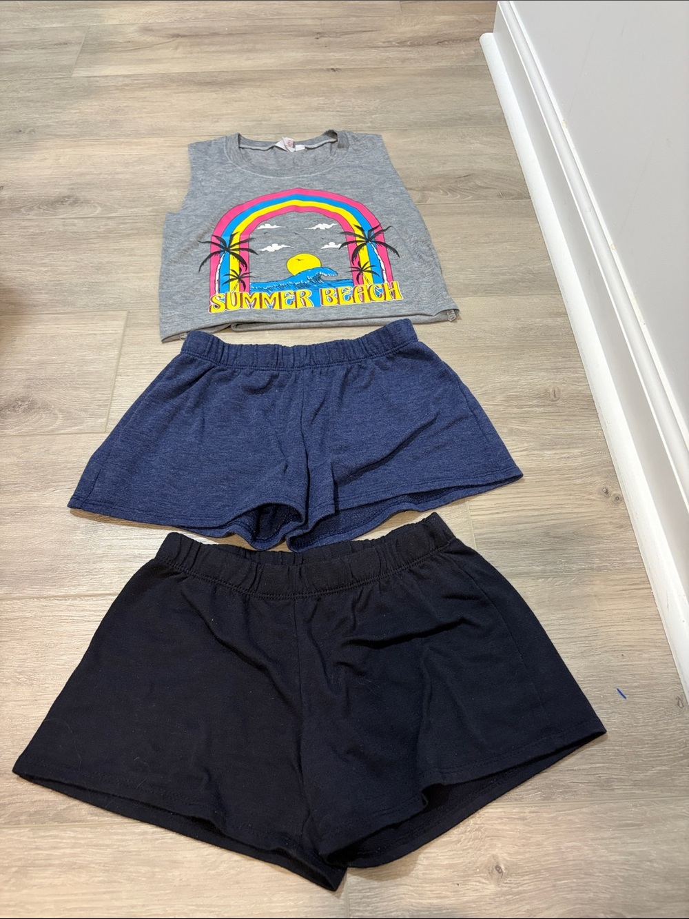 Girl's Grey 'Summer Beach' Crop Tank with Navy & Black Shorts.